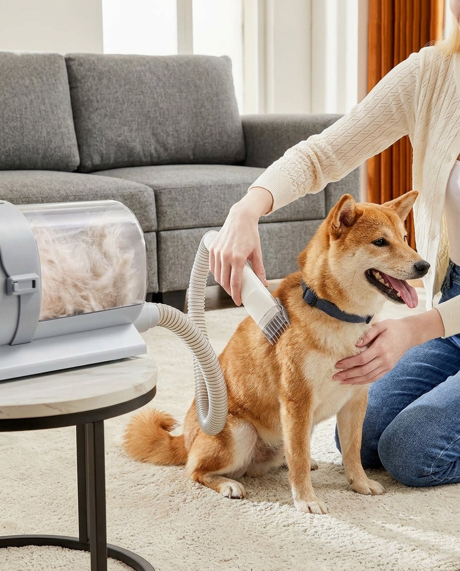 Brushing a Shiba Inu on the living room rug with the grooming head, fur collecting in the cup beside them