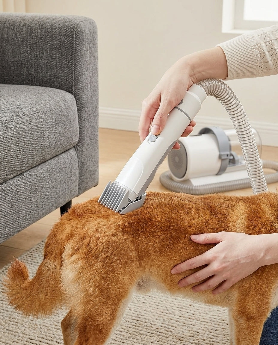 Working the grooming head through a ginger-coated pet's fur