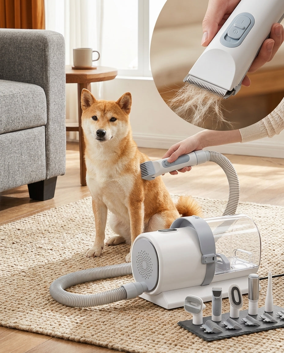 Shiba Inu sitting on a rug beside the Rovelloa unit and its attachments