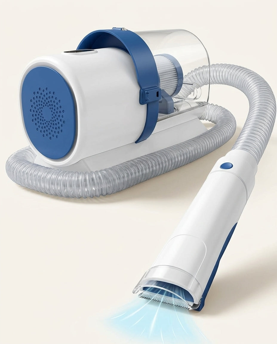 Rovelloa Grooming System in White & Blue with hose and grooming head